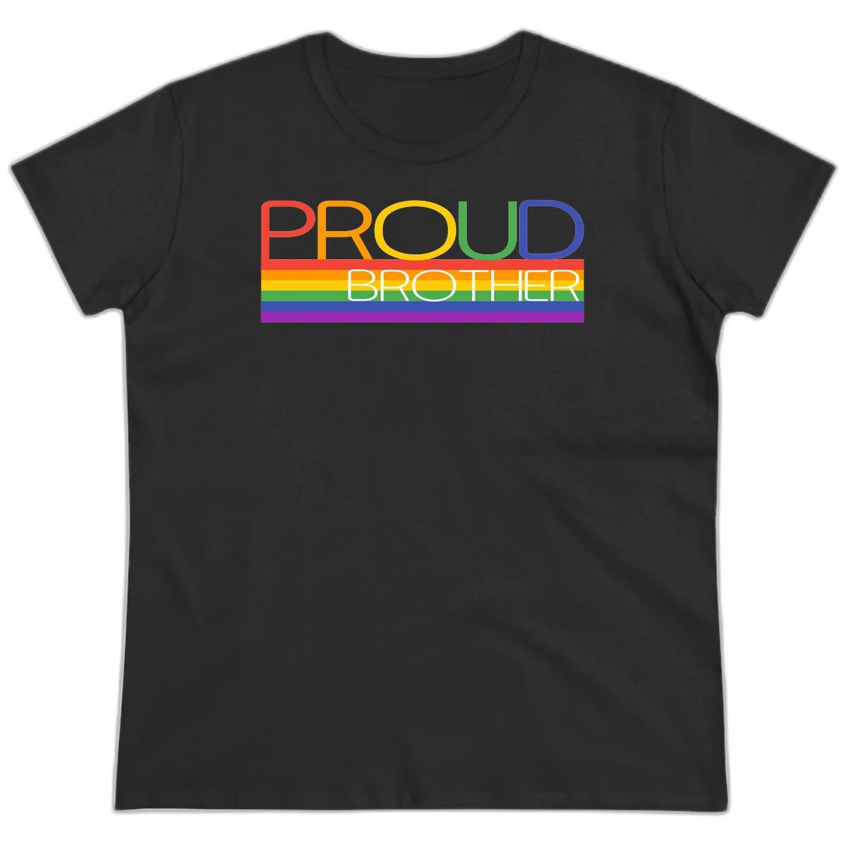Proud Brother Pride design with colorful rainbow flag stripes and multicolored text celebrating LGBTQ+ pride and family support in Black