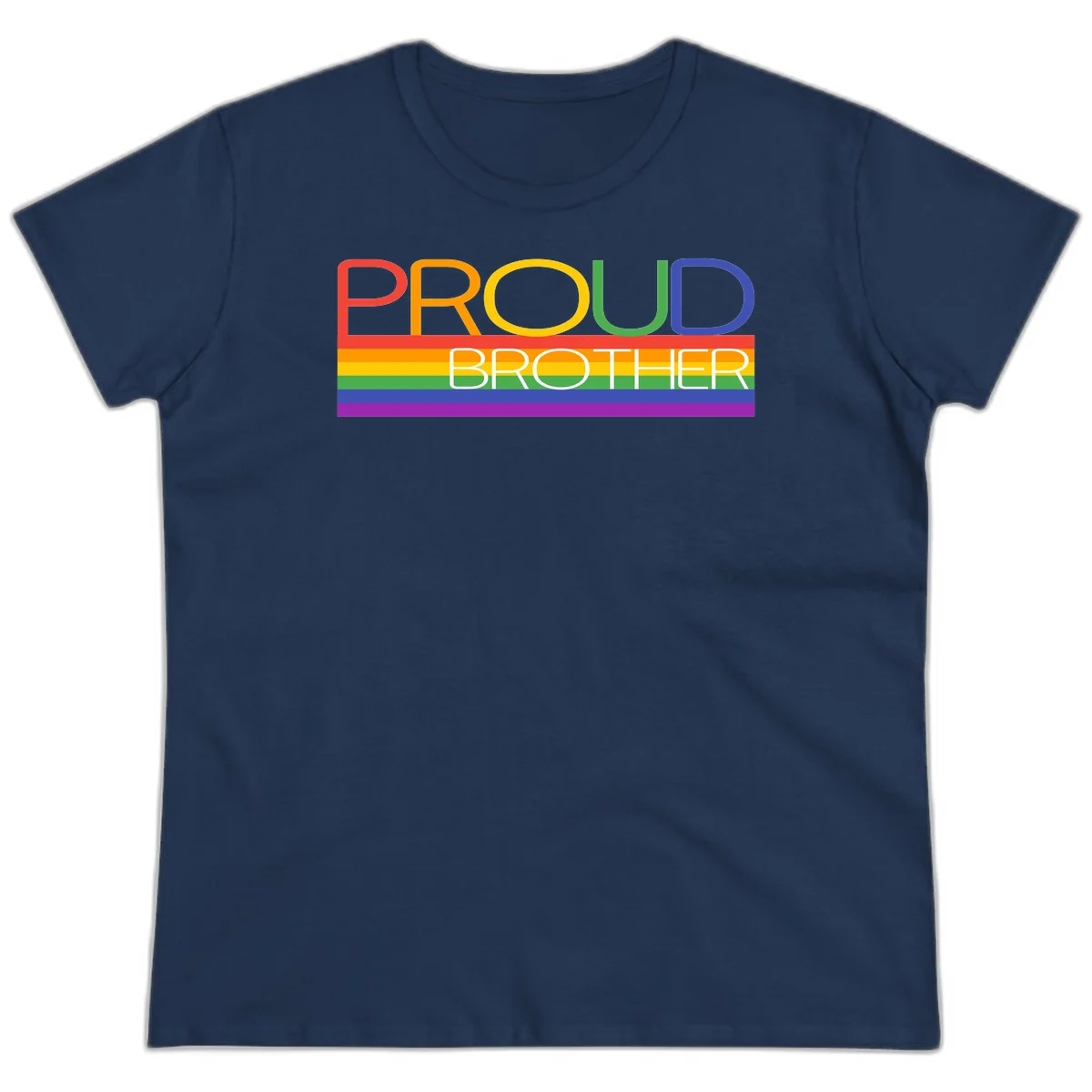 Proud Brother Pride design with colorful rainbow flag stripes and multicolored text celebrating LGBTQ+ pride and family support in Navy