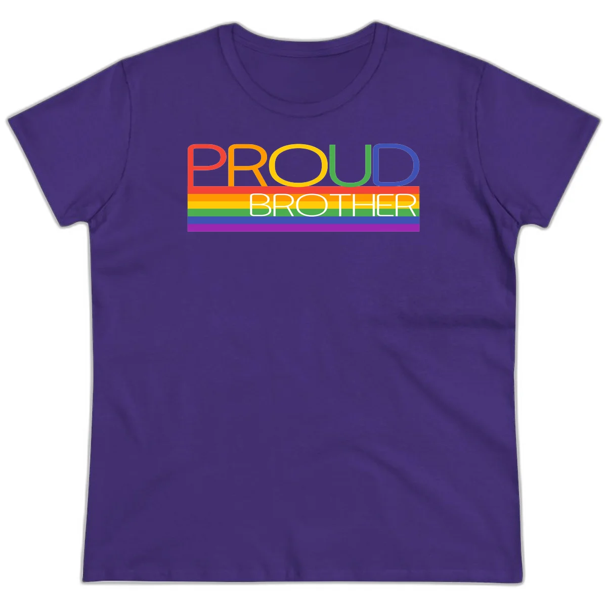 Proud Brother Pride design with colorful rainbow flag stripes and multicolored text celebrating LGBTQ+ pride and family support in Purple