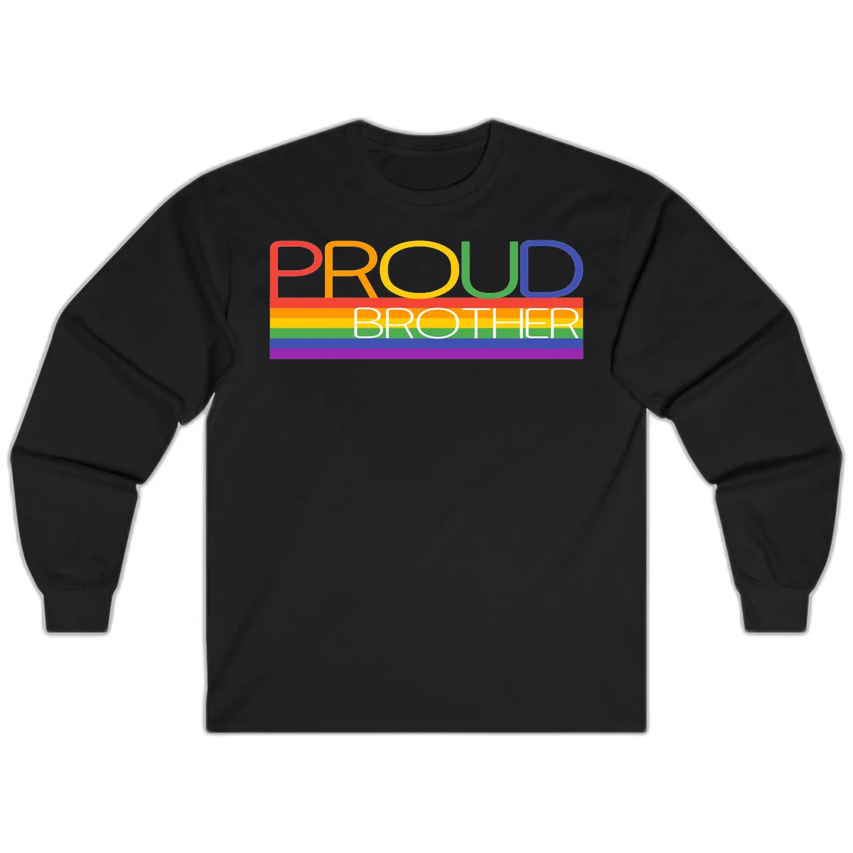 Proud Brother Pride design with colorful rainbow flag stripes and multicolored text celebrating LGBTQ+ pride and family support in Black