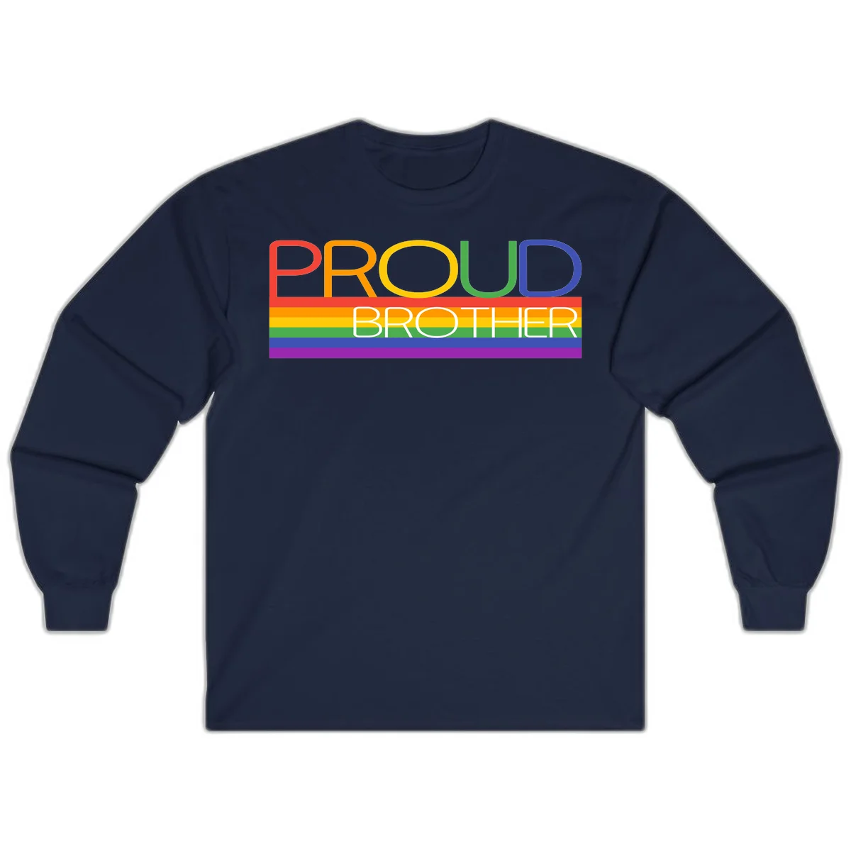 Proud Brother Pride design with colorful rainbow flag stripes and multicolored text celebrating LGBTQ+ pride and family support in Navy