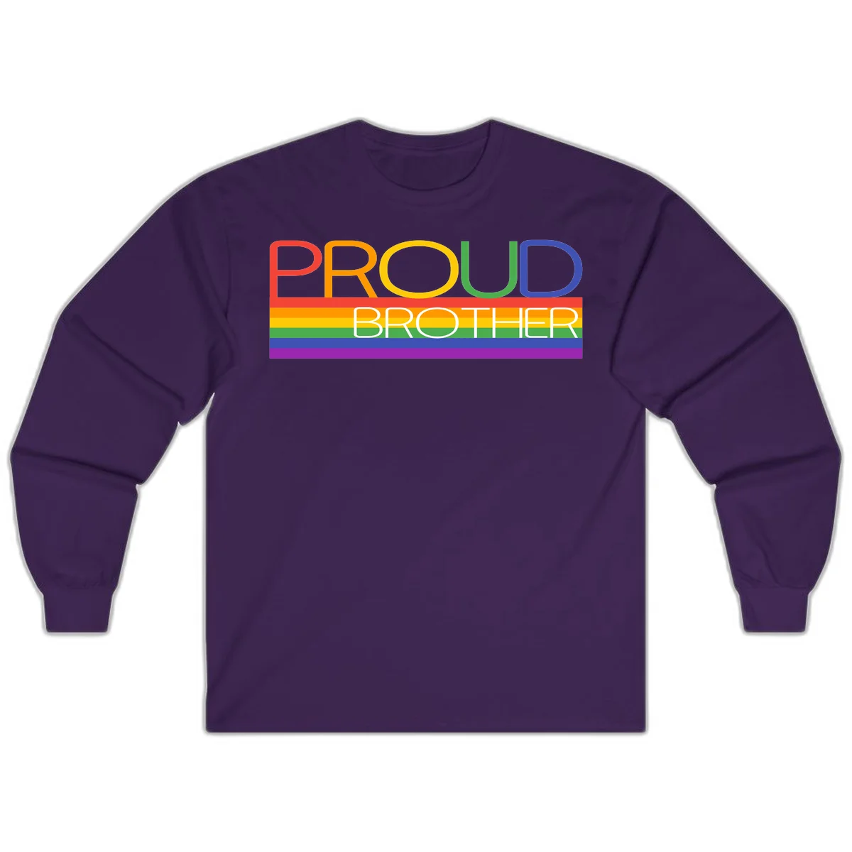 Proud Brother Pride design with colorful rainbow flag stripes and multicolored text celebrating LGBTQ+ pride and family support in Purple