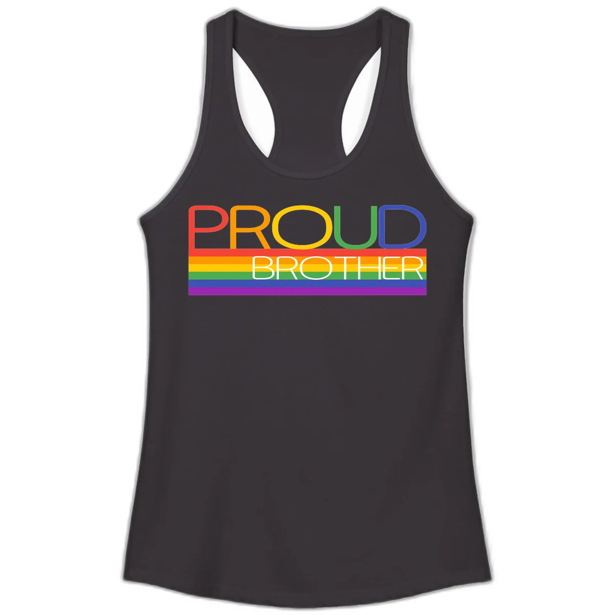Proud Brother Pride design with colorful rainbow flag stripes and multicolored text celebrating LGBTQ+ pride and family support in Black