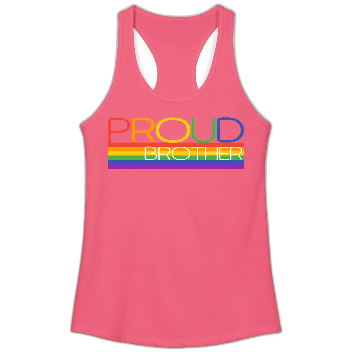 Proud Brother Pride design with colorful rainbow flag stripes and multicolored text celebrating LGBTQ+ pride and family support in Hot Pink