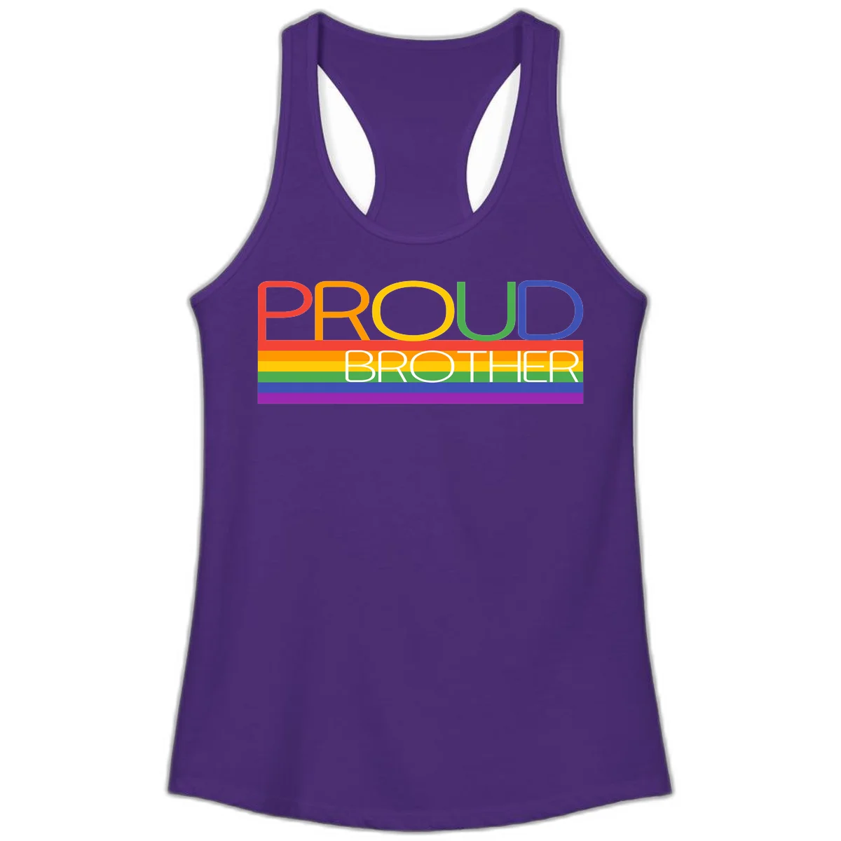 Proud Brother Pride design with colorful rainbow flag stripes and multicolored text celebrating LGBTQ+ pride and family support in Solid Purple Rush