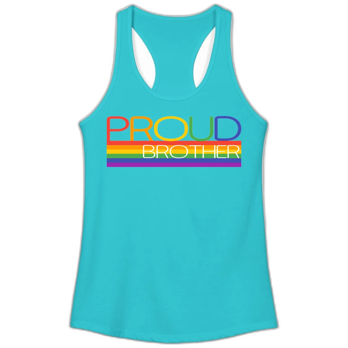 Proud Brother Pride design with colorful rainbow flag stripes and multicolored text celebrating LGBTQ+ pride and family support in Solid Tahiti Blue