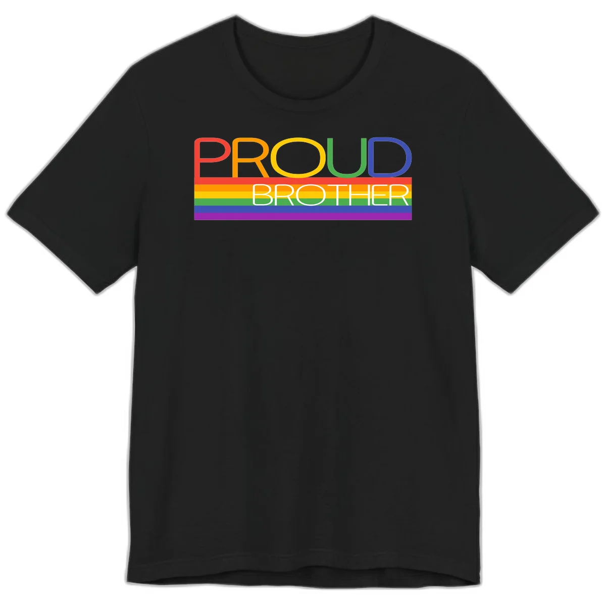 Proud Brother Pride design with colorful rainbow flag stripes and multicolored text celebrating LGBTQ+ pride and family support in Black