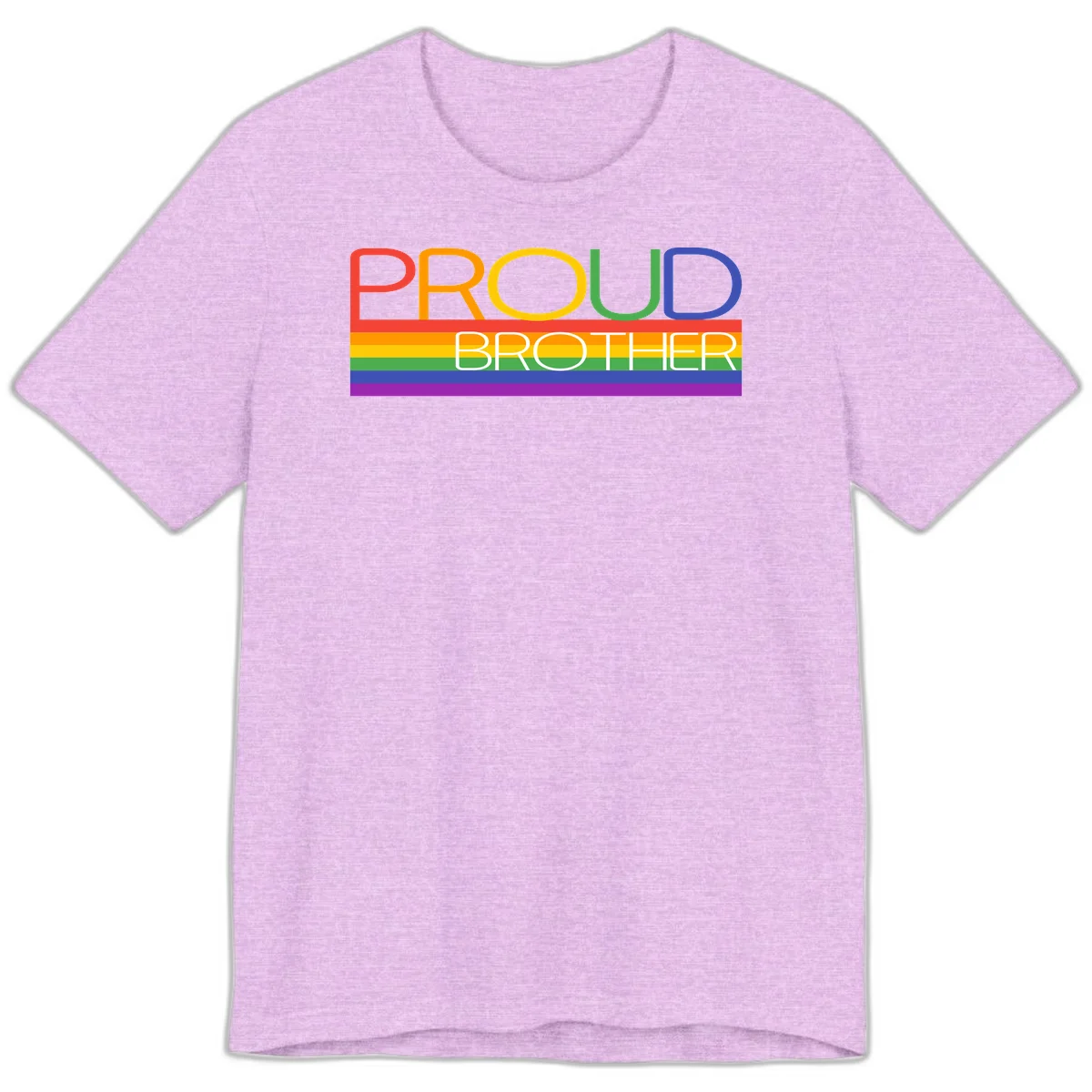 Proud Brother Pride design with colorful rainbow flag stripes and multicolored text celebrating LGBTQ+ pride and family support in Heather Prism Lilac