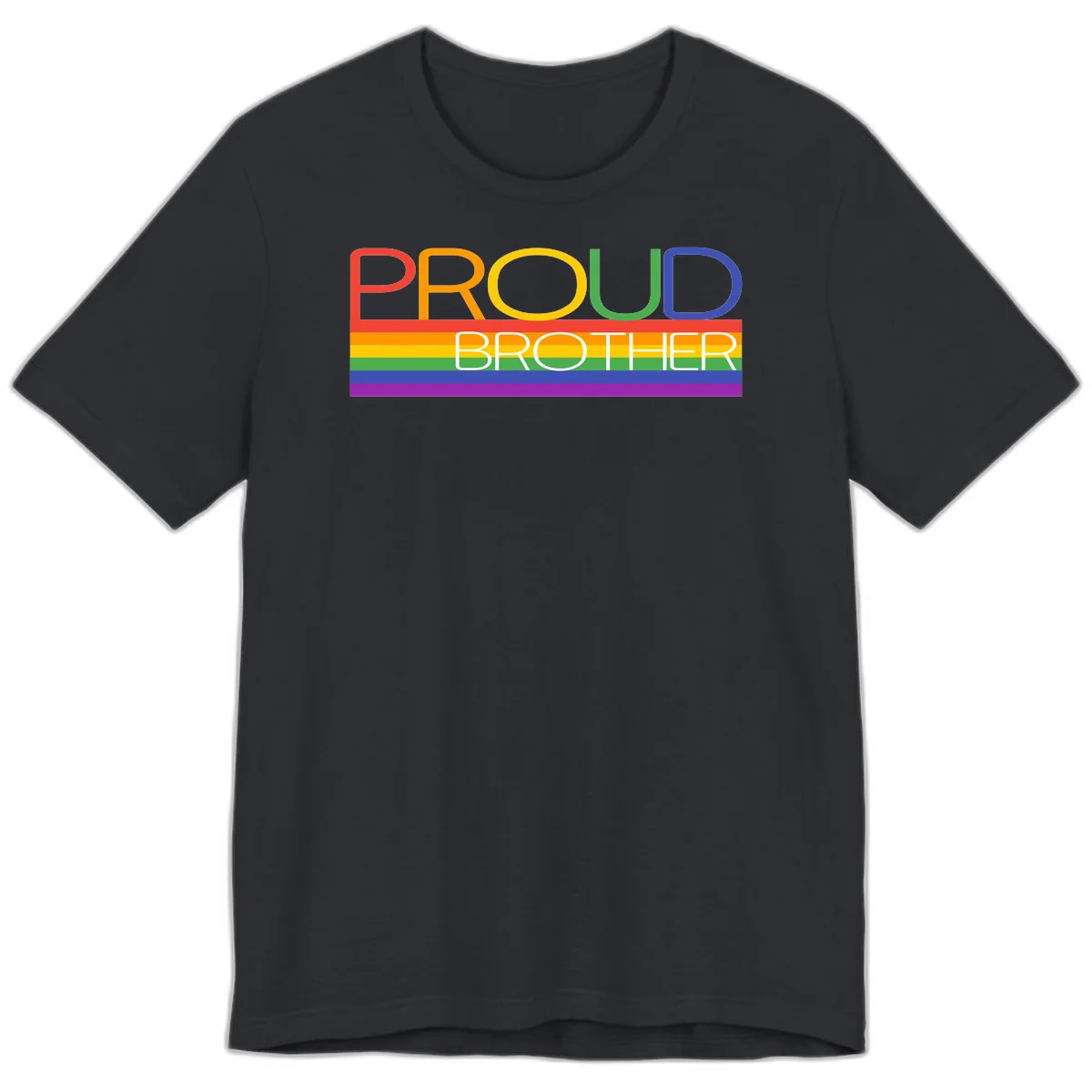 Proud Brother Pride design with colorful rainbow flag stripes and multicolored text celebrating LGBTQ+ pride and family support in Vintage Black