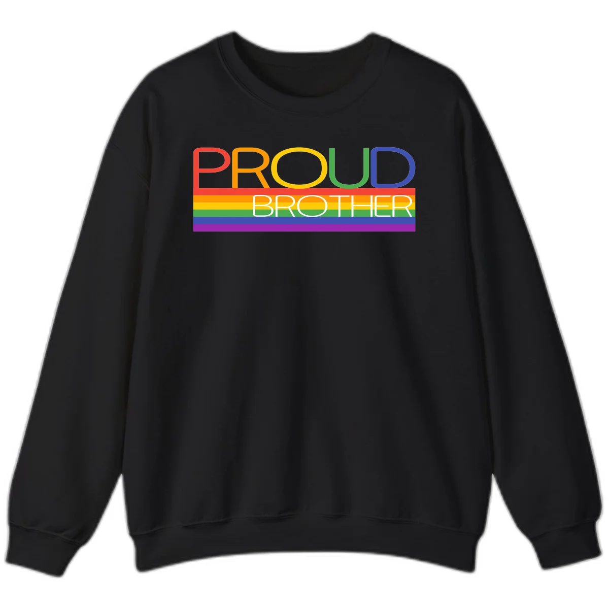 Proud Brother Pride design with colorful rainbow flag stripes and multicolored text celebrating LGBTQ+ pride and family support in Black