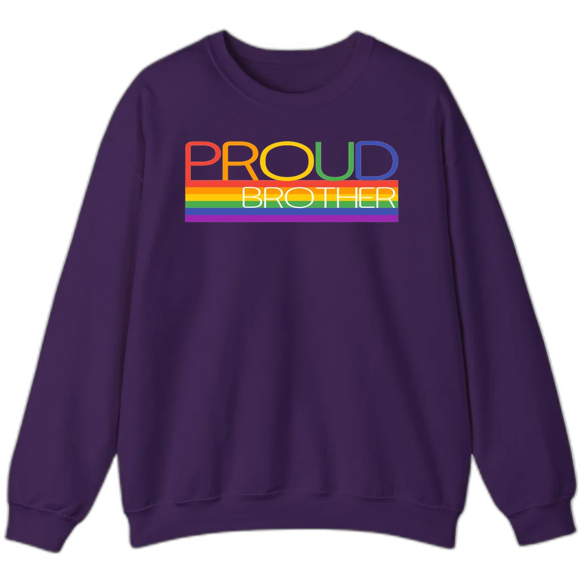 Proud Brother Pride design with colorful rainbow flag stripes and multicolored text celebrating LGBTQ+ pride and family support in Purple