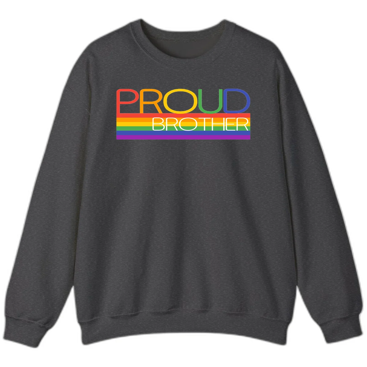 Proud Brother Pride design with colorful rainbow flag stripes and multicolored text celebrating LGBTQ+ pride and family support in Dark Heather