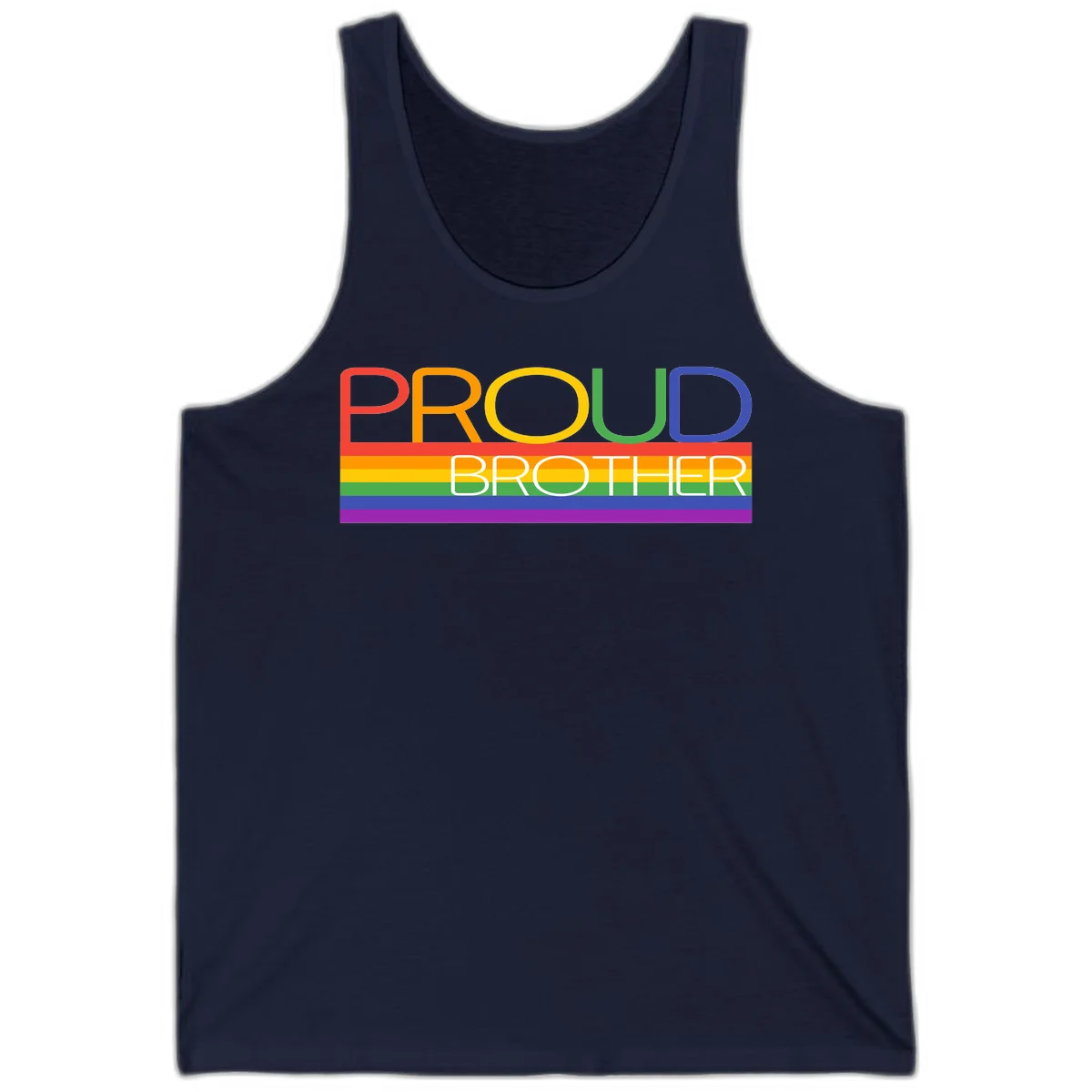 Proud Brother Pride design with colorful rainbow flag stripes and multicolored text celebrating LGBTQ+ pride and family support in Navy