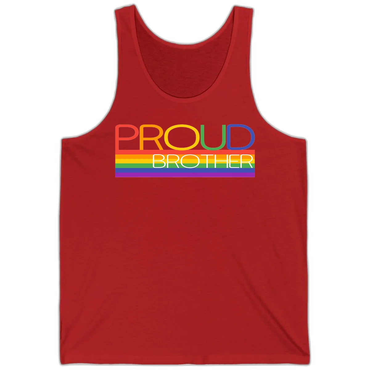 Proud Brother Pride design with colorful rainbow flag stripes and multicolored text celebrating LGBTQ+ pride and family support in Red