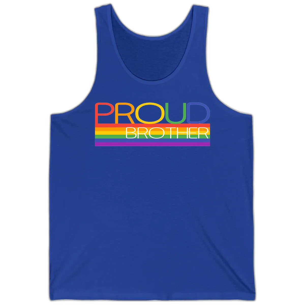 Proud Brother Pride design with colorful rainbow flag stripes and multicolored text celebrating LGBTQ+ pride and family support in True Royal
