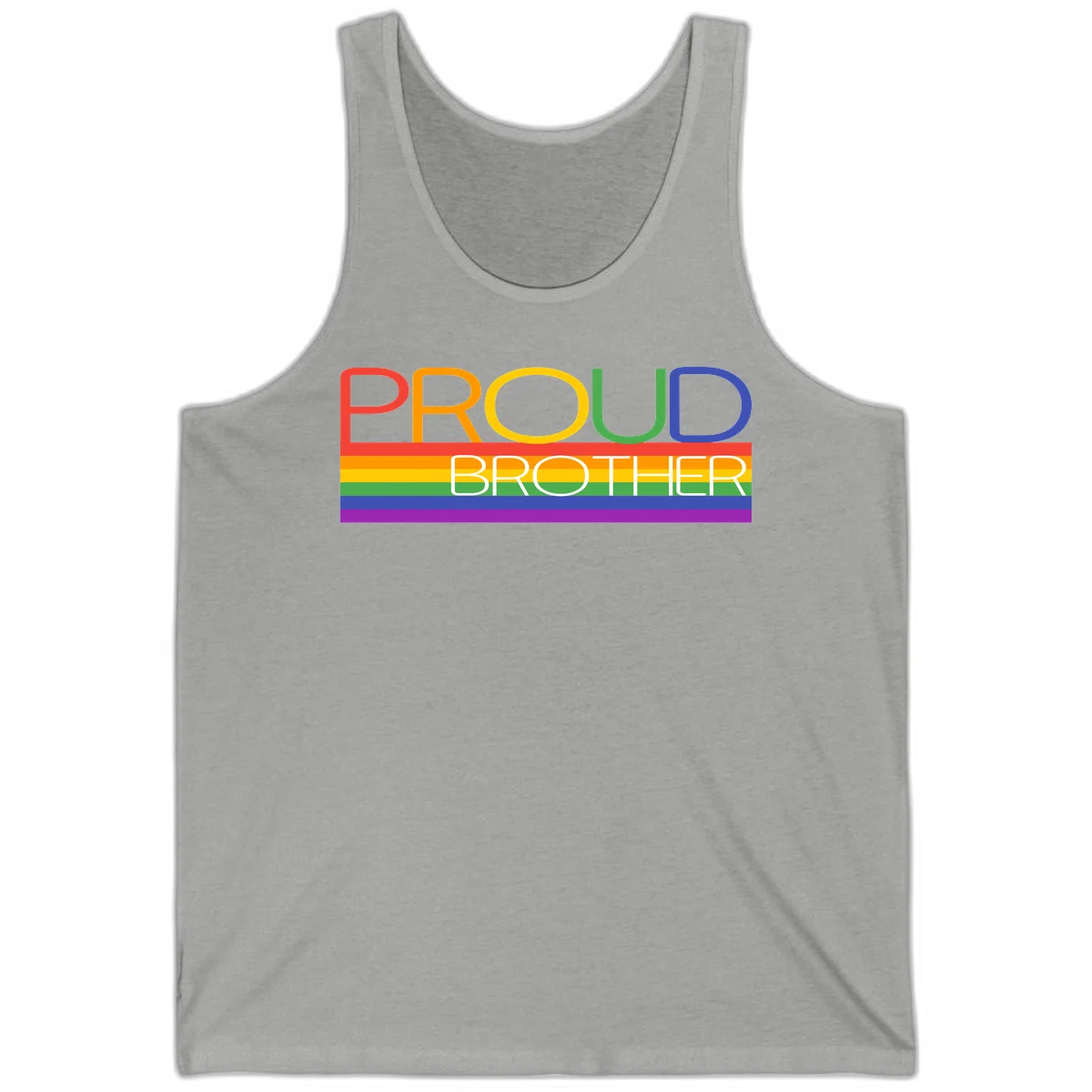 Proud Brother Pride design with colorful rainbow flag stripes and multicolored text celebrating LGBTQ+ pride and family support in Athletic Heather
