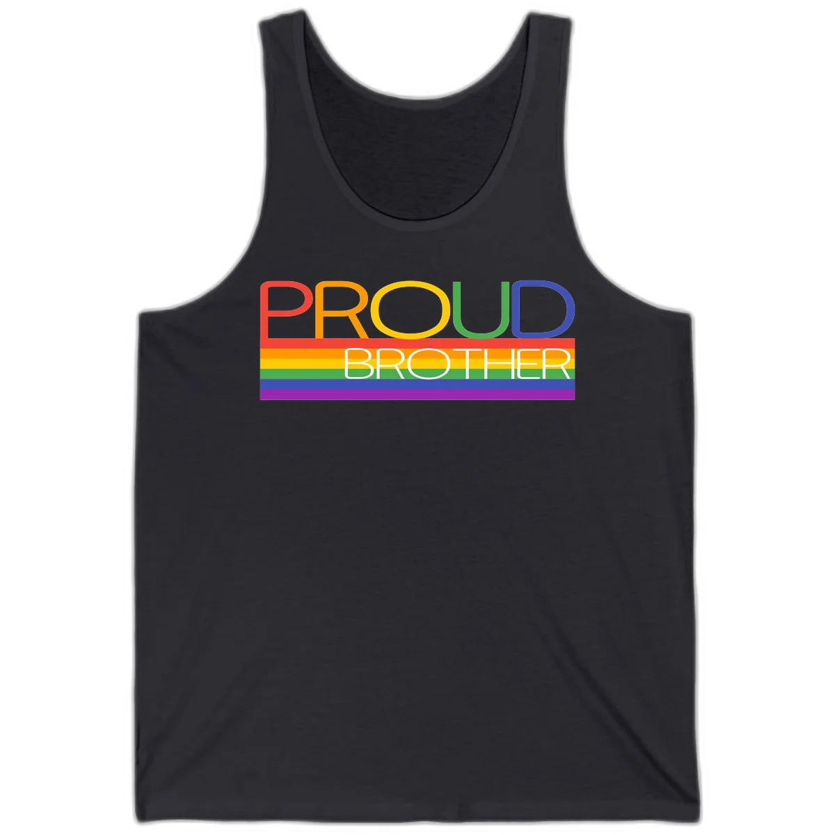 Proud Brother Pride design with colorful rainbow flag stripes and multicolored text celebrating LGBTQ+ pride and family support in Dark Grey