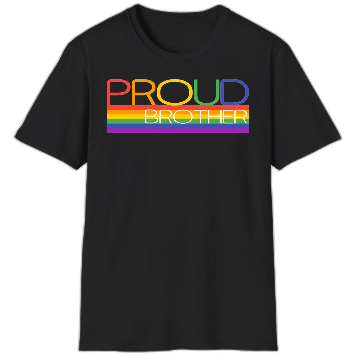 Proud Brother Pride design with colorful rainbow flag stripes and multicolored text celebrating LGBTQ+ pride and family support in Black
