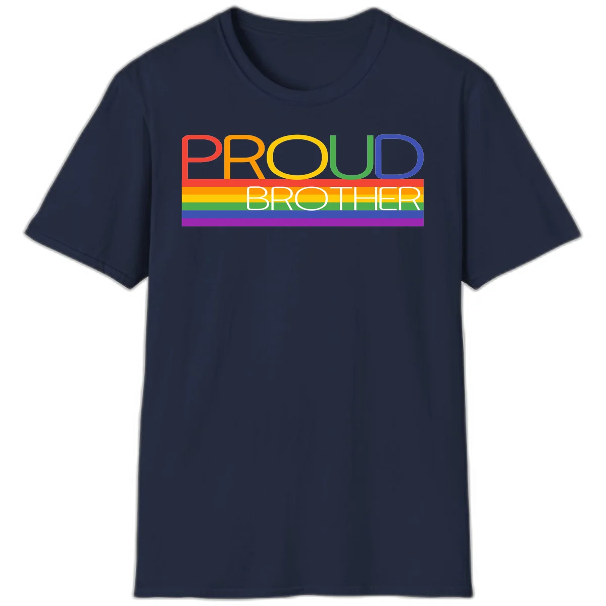 Proud Brother Pride design with colorful rainbow flag stripes and multicolored text celebrating LGBTQ+ pride and family support in Navy