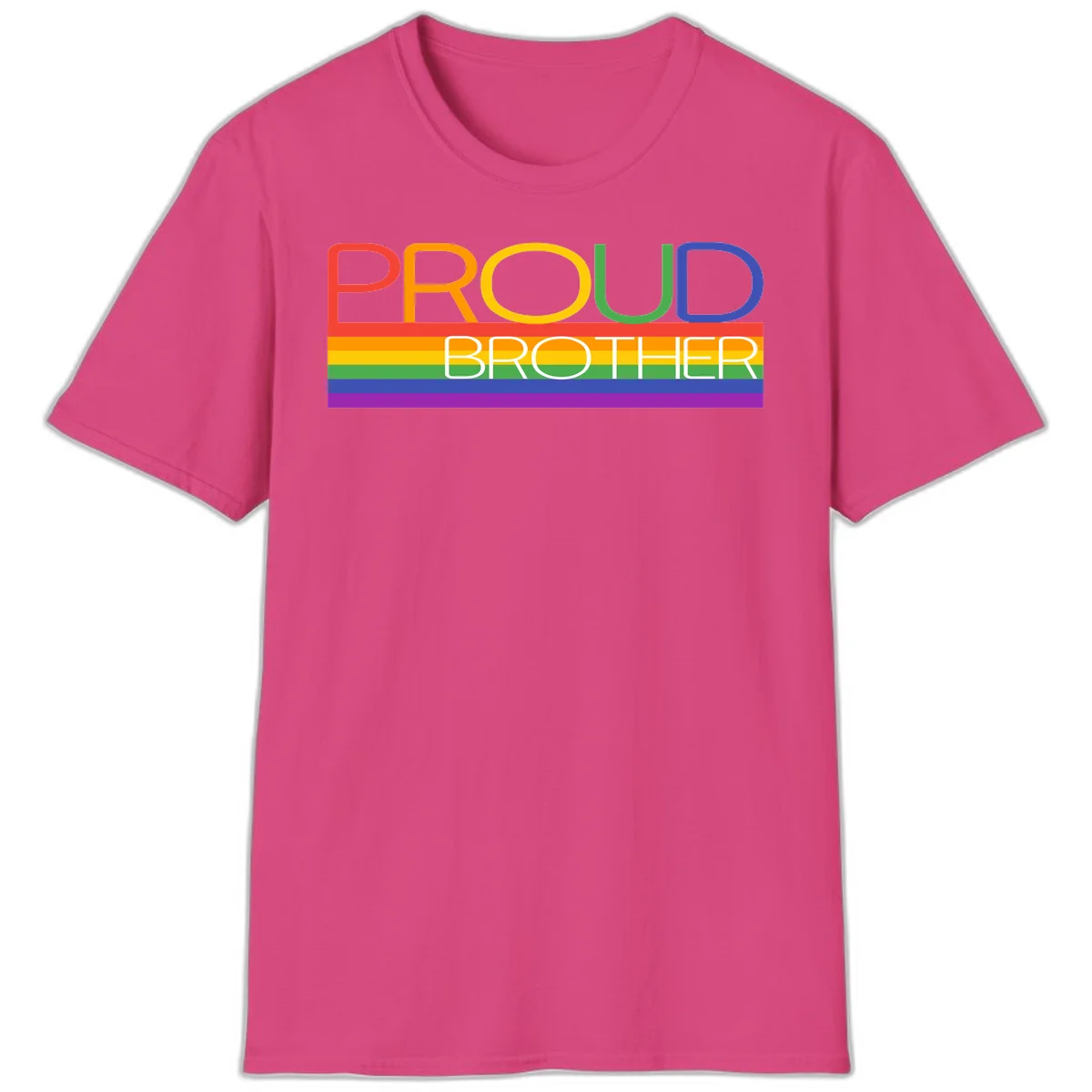 Proud Brother Pride design with colorful rainbow flag stripes and multicolored text celebrating LGBTQ+ pride and family support in Heliconia