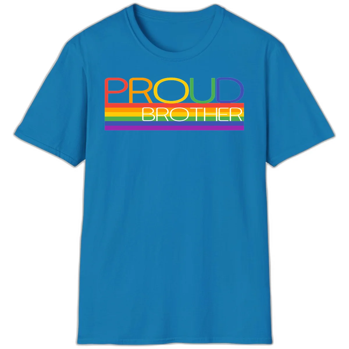 Proud Brother Pride design with colorful rainbow flag stripes and multicolored text celebrating LGBTQ+ pride and family support in Sapphire