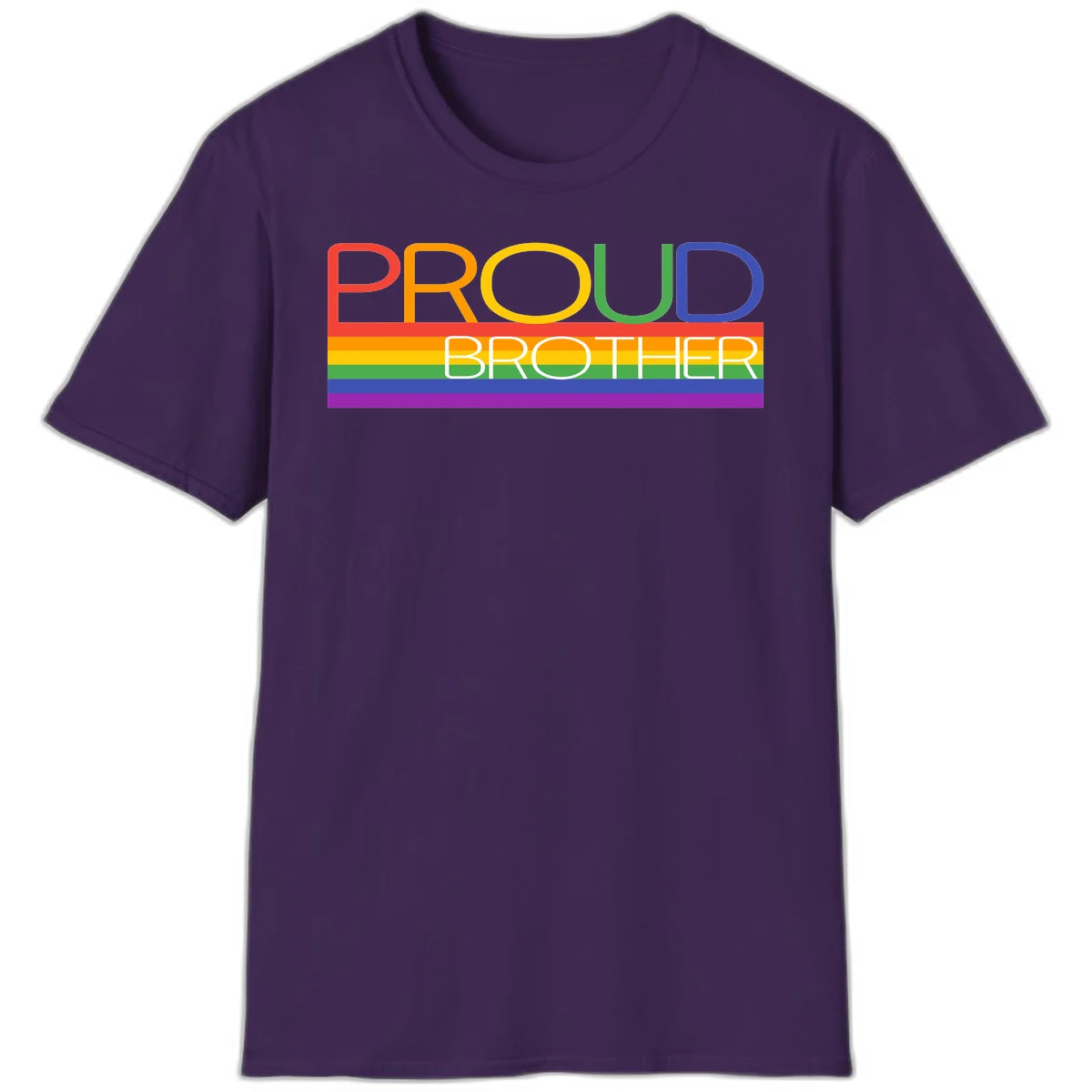 Proud Brother Pride design with colorful rainbow flag stripes and multicolored text celebrating LGBTQ+ pride and family support in Purple