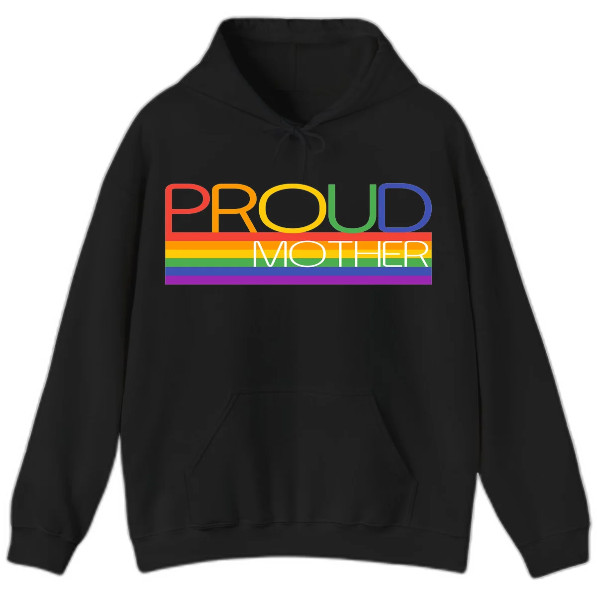 Colorful 'Proud Mother' text in red, orange, yellow, green, blue, and purple letters over horizontal rainbow pride flag stripes on gray background in Black