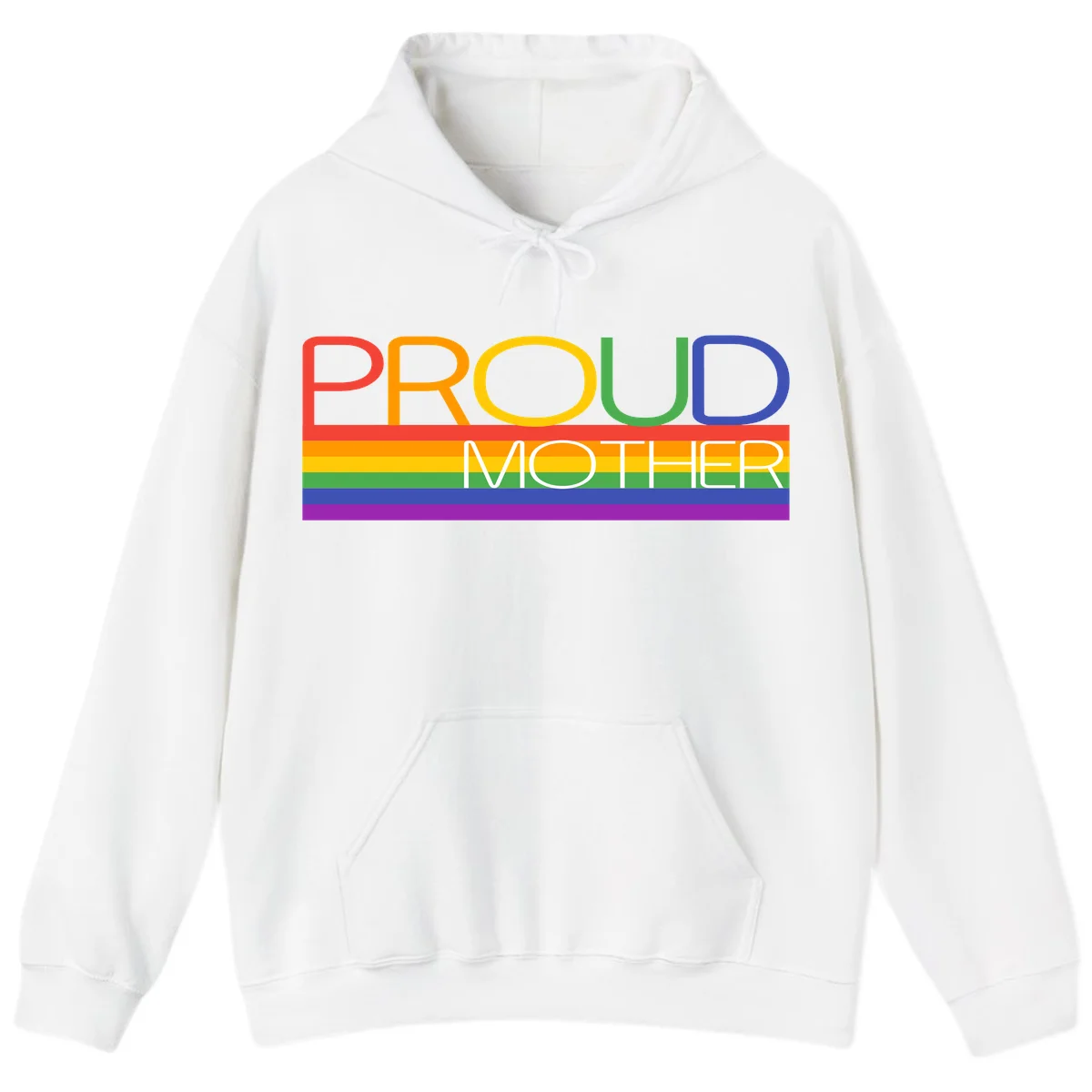 Colorful 'Proud Mother' text in red, orange, yellow, green, blue, and purple letters over horizontal rainbow pride flag stripes on gray background in White