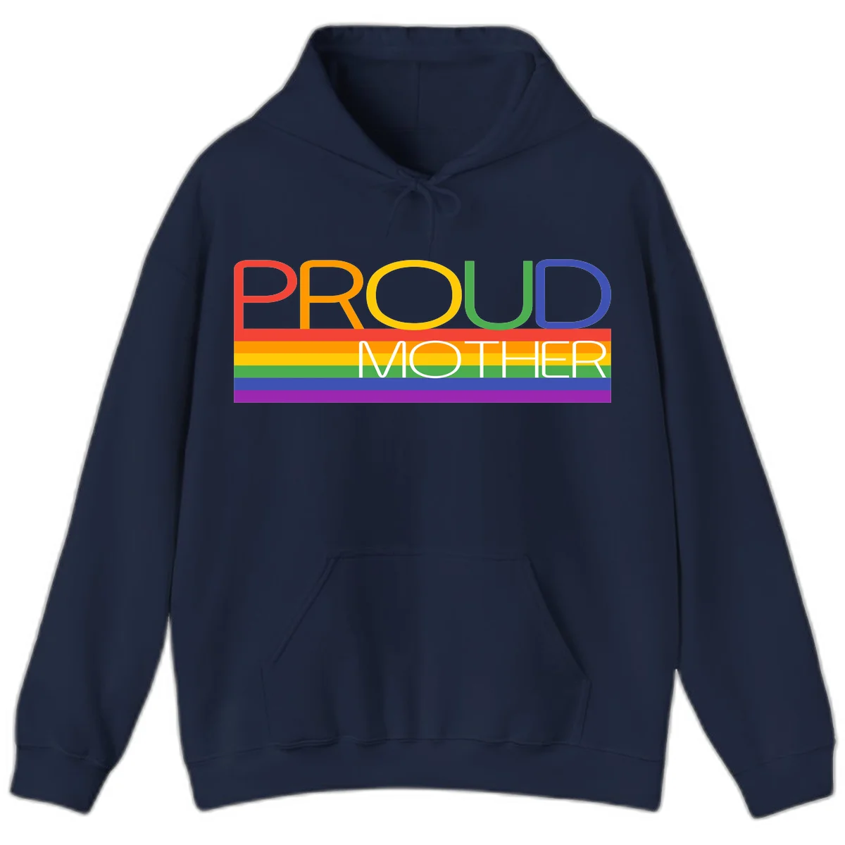 Colorful 'Proud Mother' text in red, orange, yellow, green, blue, and purple letters over horizontal rainbow pride flag stripes on gray background in Navy
