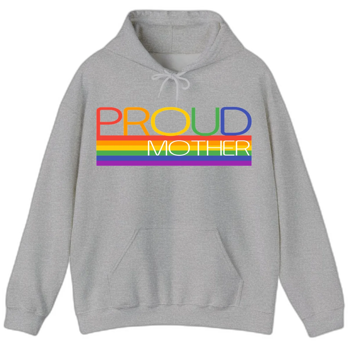 Colorful 'Proud Mother' text in red, orange, yellow, green, blue, and purple letters over horizontal rainbow pride flag stripes on gray background in Sport Grey