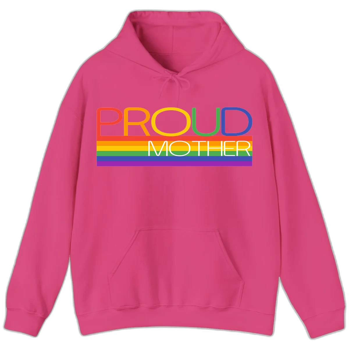 Colorful 'Proud Mother' text in red, orange, yellow, green, blue, and purple letters over horizontal rainbow pride flag stripes on gray background in Heliconia
