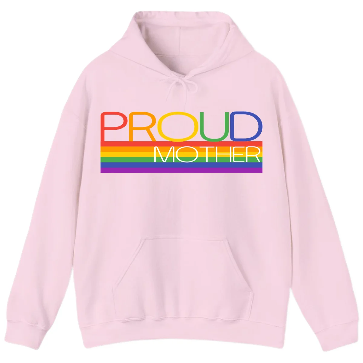 Colorful 'Proud Mother' text in red, orange, yellow, green, blue, and purple letters over horizontal rainbow pride flag stripes on gray background in Light Pink