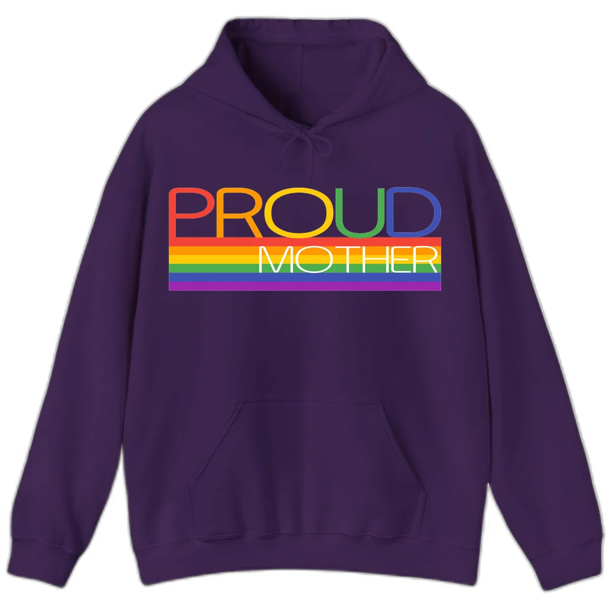 Colorful 'Proud Mother' text in red, orange, yellow, green, blue, and purple letters over horizontal rainbow pride flag stripes on gray background in Purple