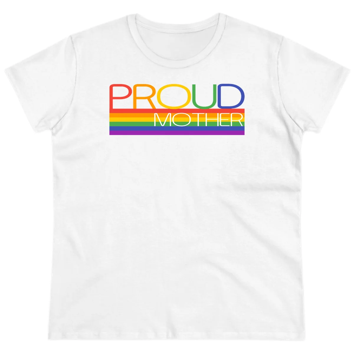 Colorful 'Proud Mother' text in red, orange, yellow, green, blue, and purple letters over horizontal rainbow pride flag stripes on gray background in White