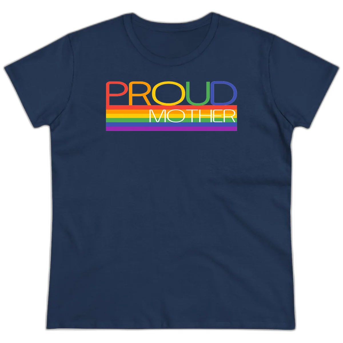 Colorful 'Proud Mother' text in red, orange, yellow, green, blue, and purple letters over horizontal rainbow pride flag stripes on gray background in Navy