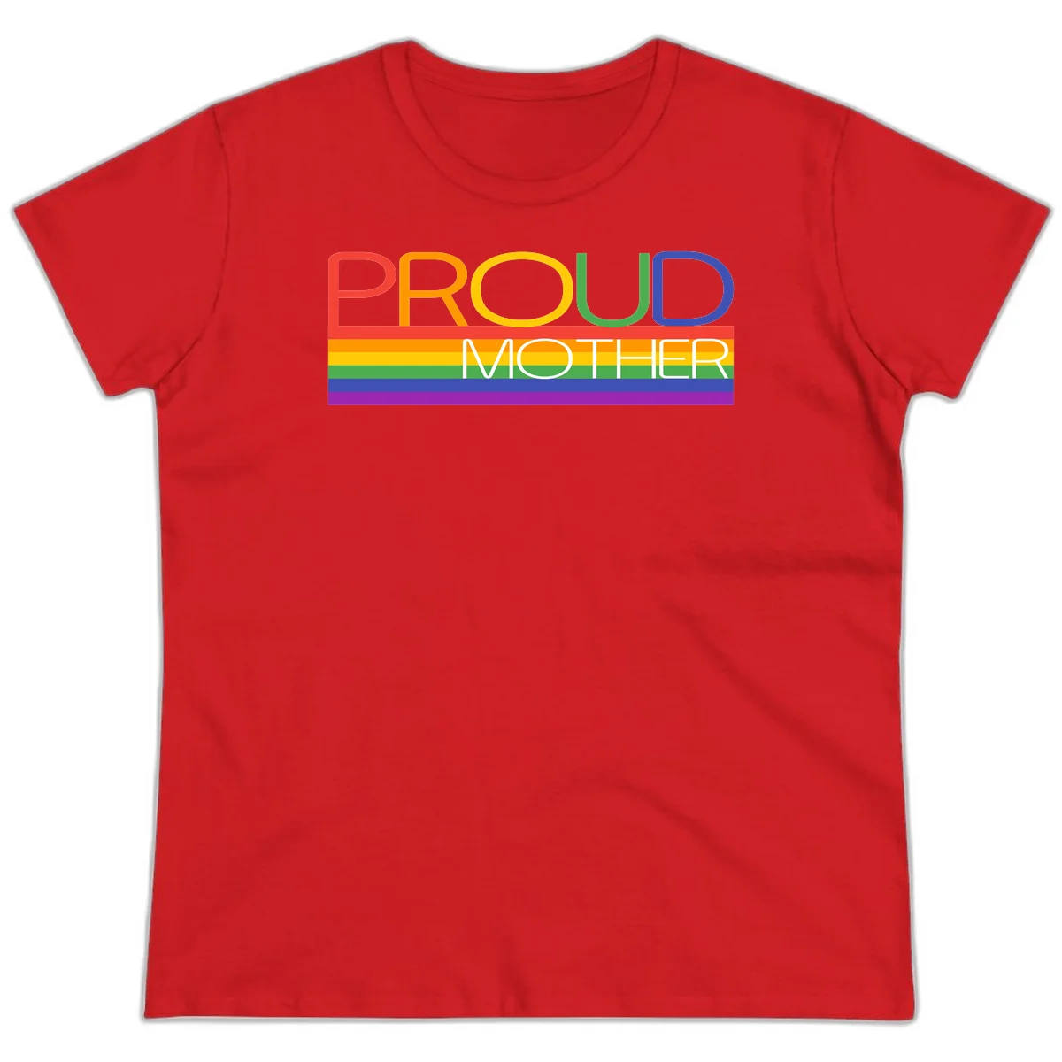 Colorful 'Proud Mother' text in red, orange, yellow, green, blue, and purple letters over horizontal rainbow pride flag stripes on gray background in Red