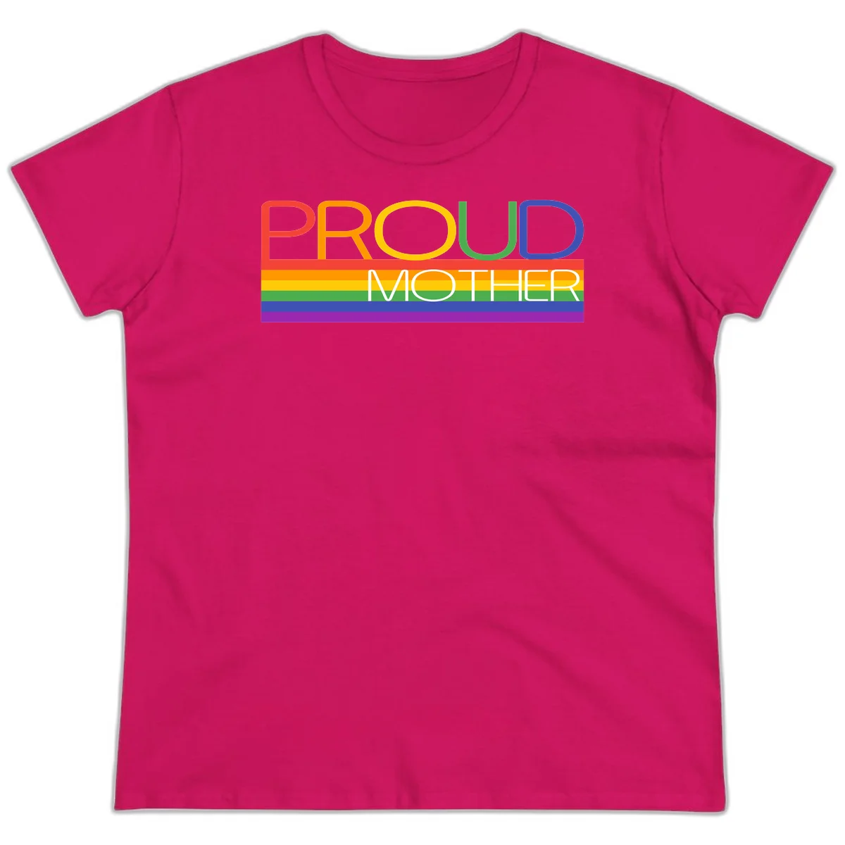 Colorful 'Proud Mother' text in red, orange, yellow, green, blue, and purple letters over horizontal rainbow pride flag stripes on gray background in Heliconia