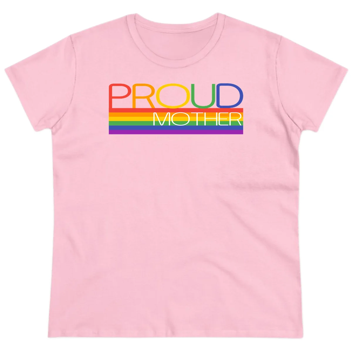 Colorful 'Proud Mother' text in red, orange, yellow, green, blue, and purple letters over horizontal rainbow pride flag stripes on gray background in Light Pink
