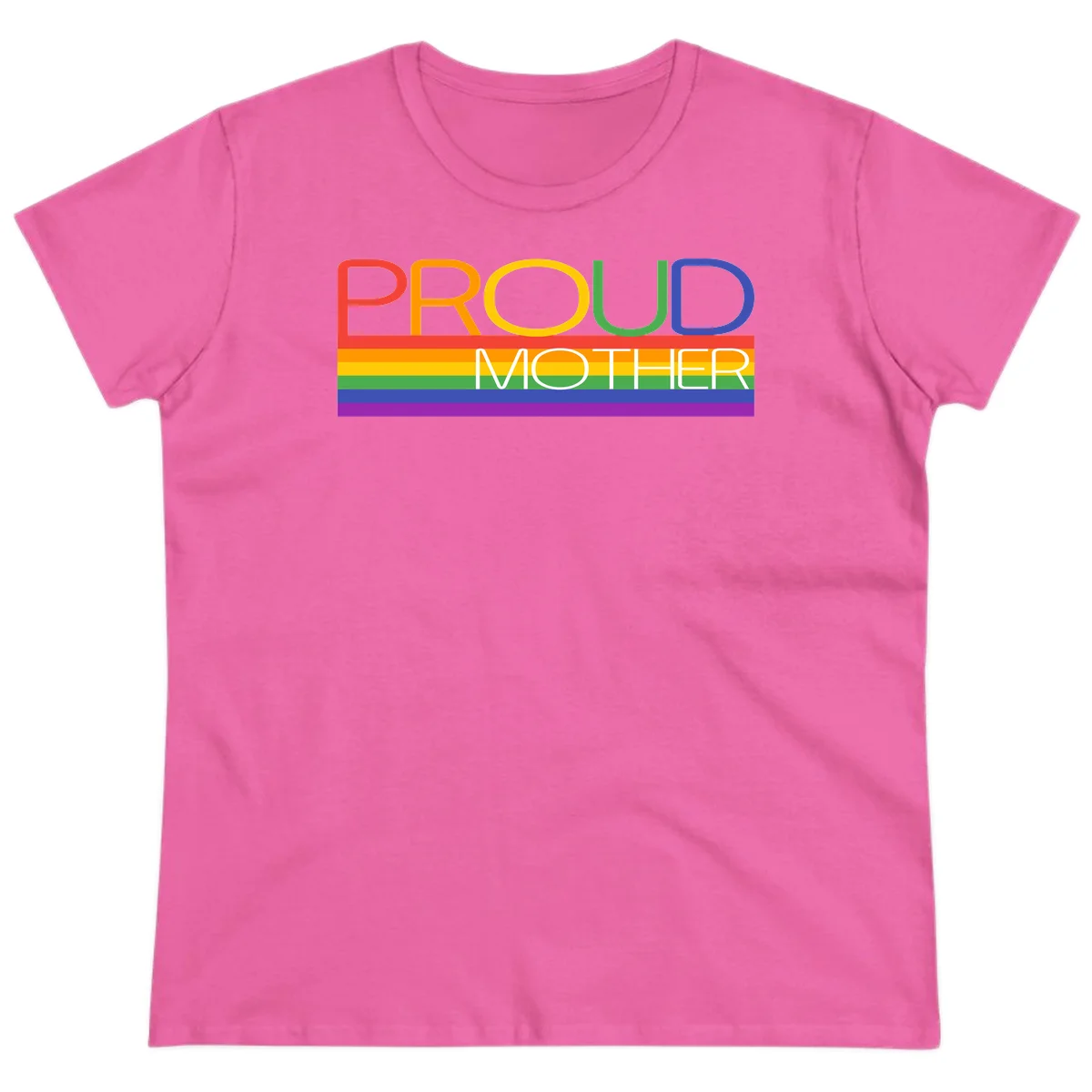 Colorful 'Proud Mother' text in red, orange, yellow, green, blue, and purple letters over horizontal rainbow pride flag stripes on gray background in Azalea