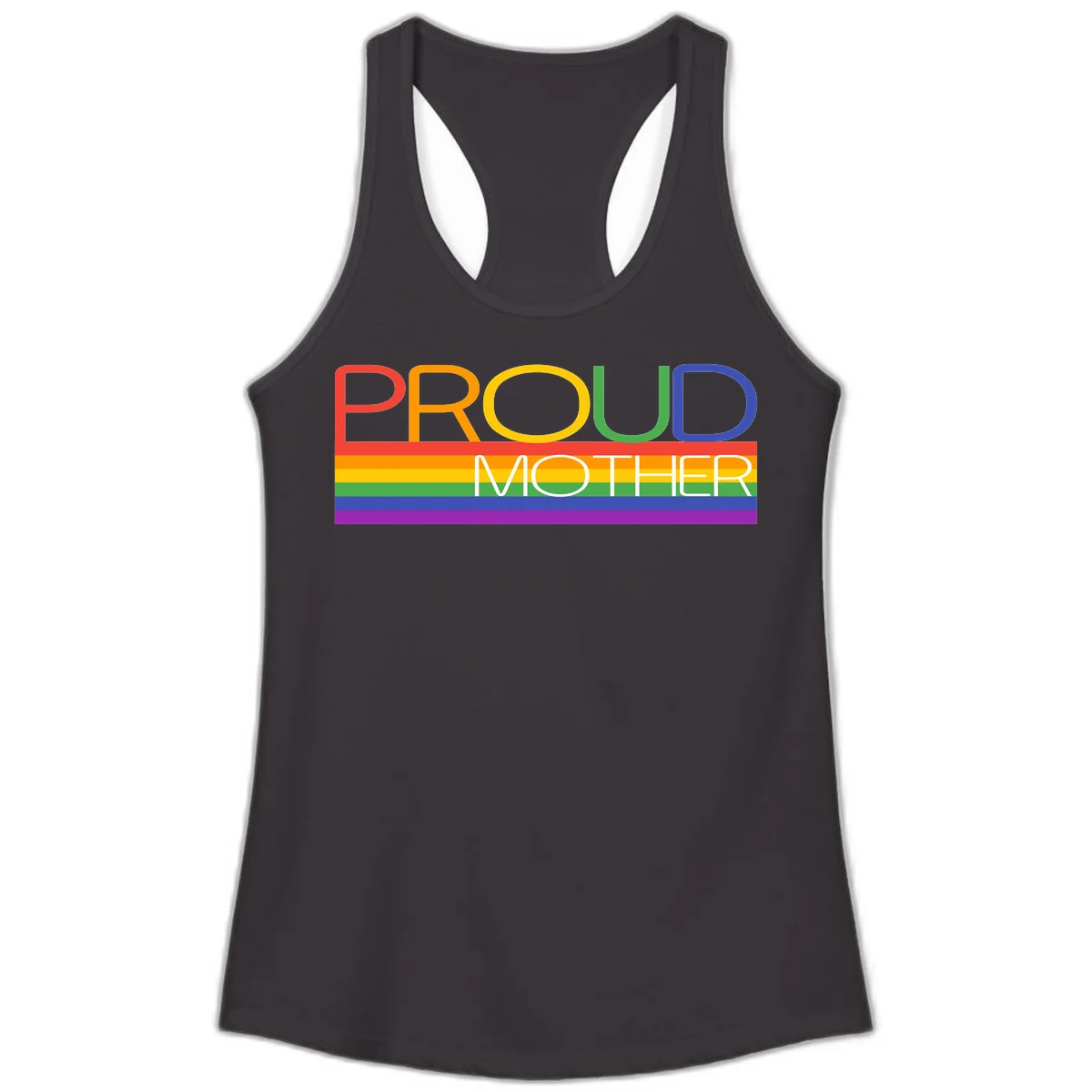 Colorful 'Proud Mother' text in red, orange, yellow, green, blue, and purple letters over horizontal rainbow pride flag stripes on gray background in Black