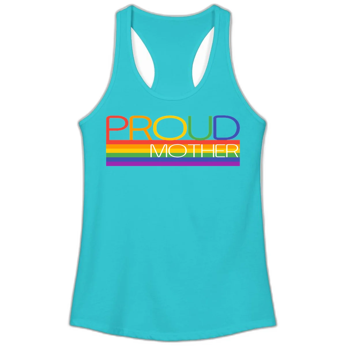 Colorful 'Proud Mother' text in red, orange, yellow, green, blue, and purple letters over horizontal rainbow pride flag stripes on gray background in Solid Tahiti Blue