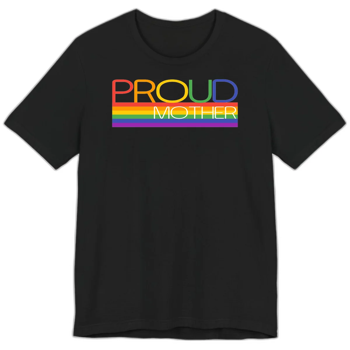 Colorful 'Proud Mother' text in red, orange, yellow, green, blue, and purple letters over horizontal rainbow pride flag stripes on gray background in Black
