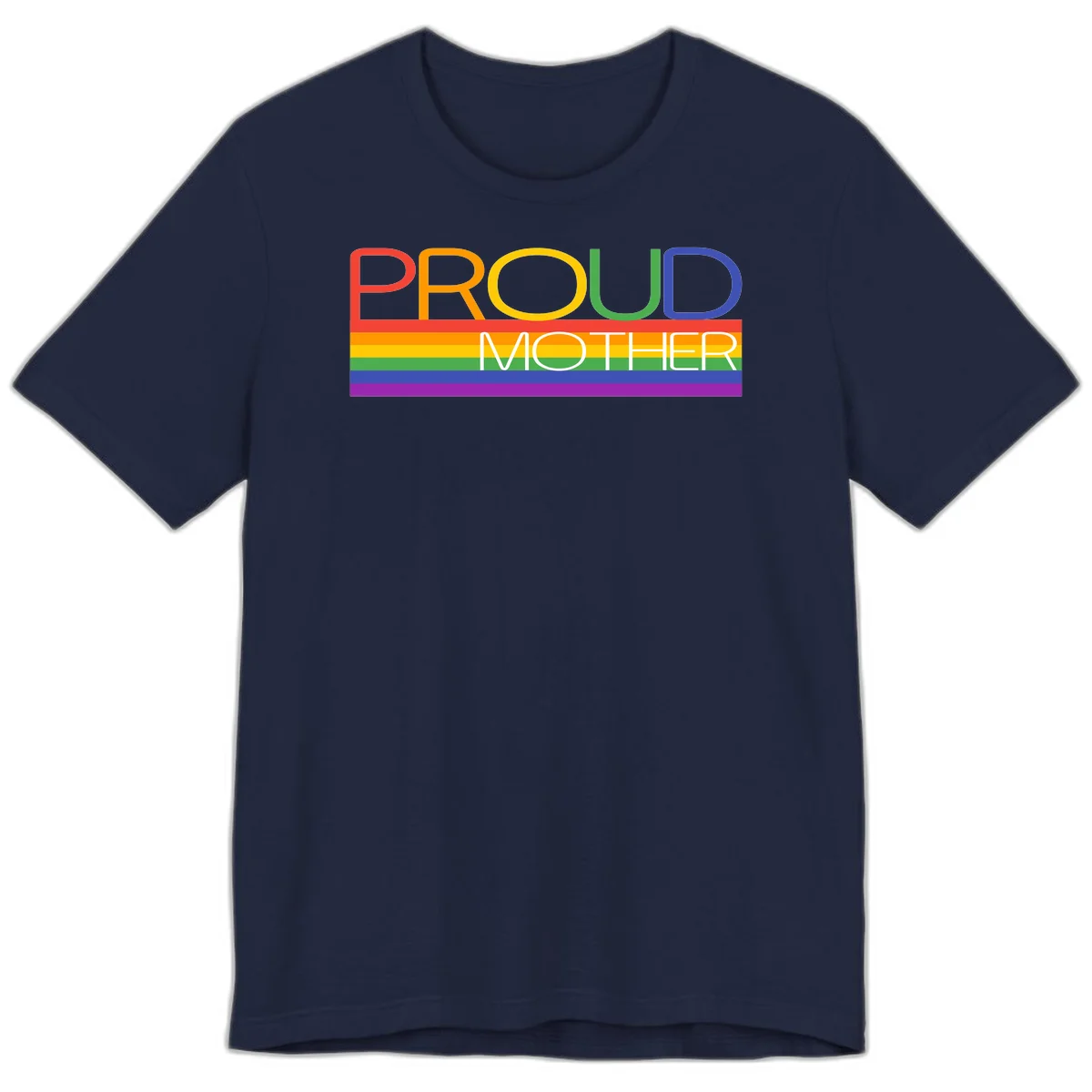 Colorful 'Proud Mother' text in red, orange, yellow, green, blue, and purple letters over horizontal rainbow pride flag stripes on gray background in Navy