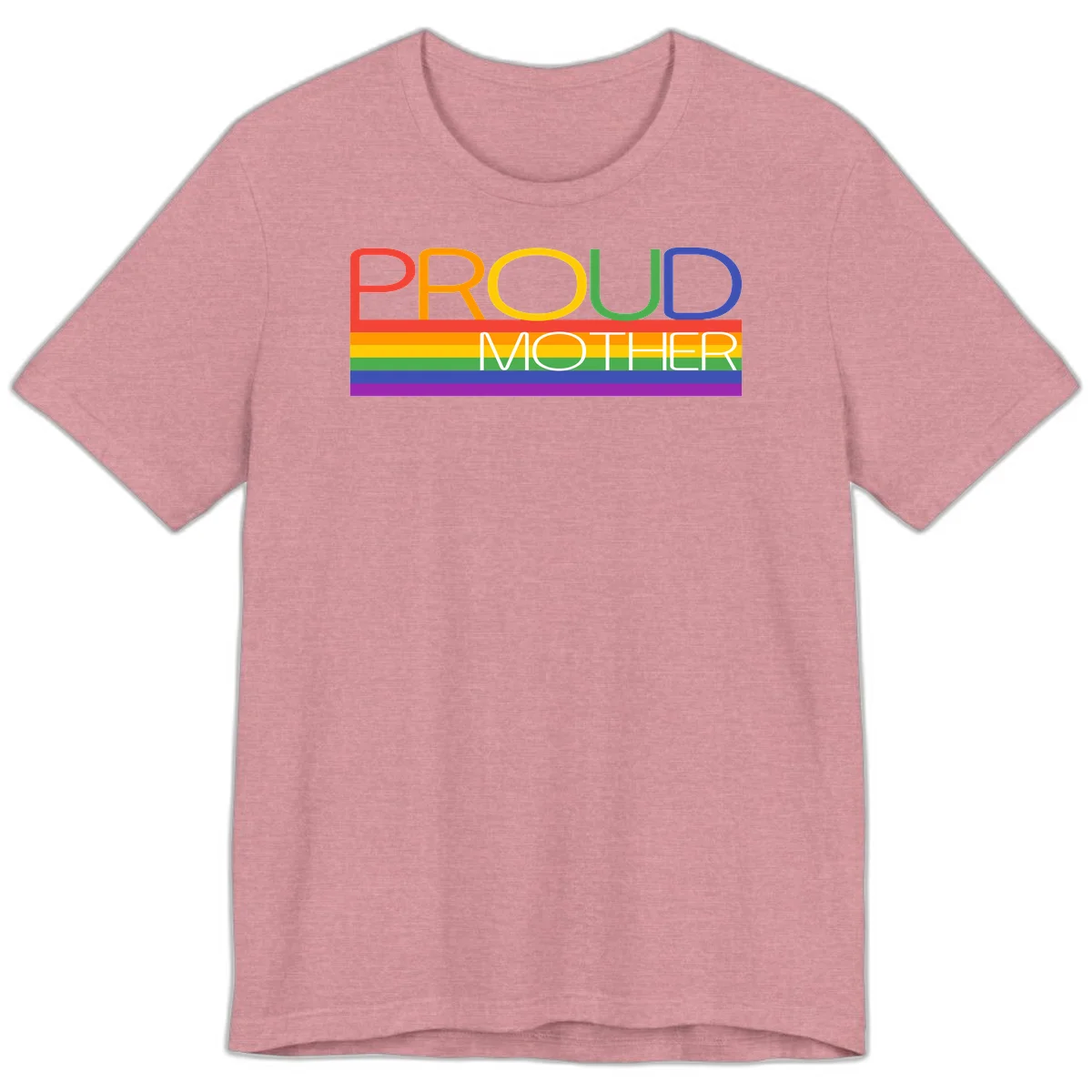 Colorful 'Proud Mother' text in red, orange, yellow, green, blue, and purple letters over horizontal rainbow pride flag stripes on gray background in Heather Orchid