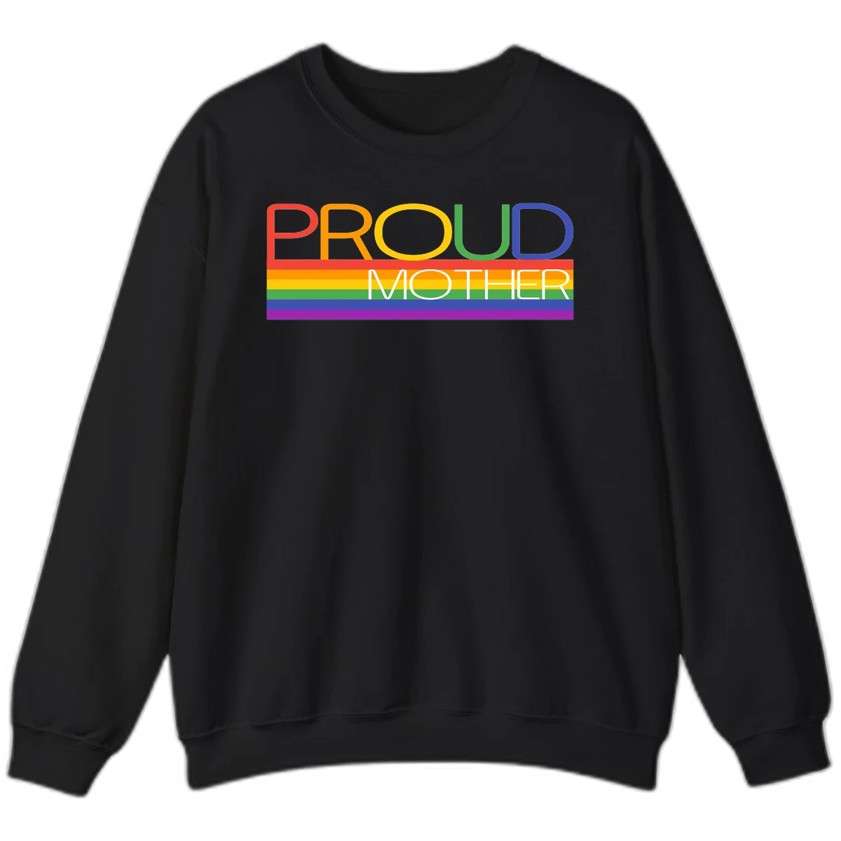 Colorful 'Proud Mother' text in red, orange, yellow, green, blue, and purple letters over horizontal rainbow pride flag stripes on gray background in Black