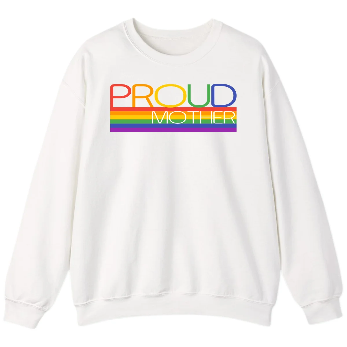 Colorful 'Proud Mother' text in red, orange, yellow, green, blue, and purple letters over horizontal rainbow pride flag stripes on gray background in White