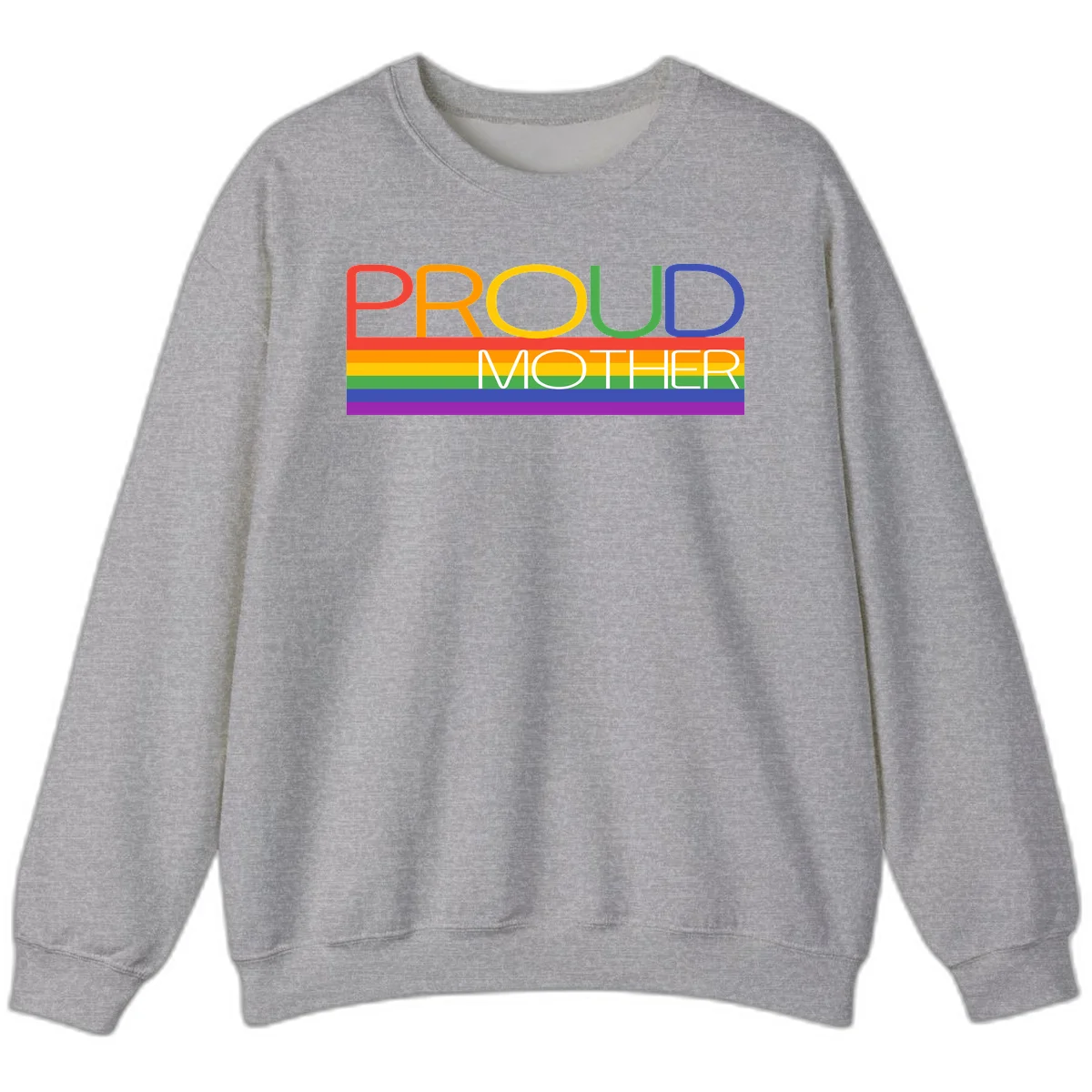 Colorful 'Proud Mother' text in red, orange, yellow, green, blue, and purple letters over horizontal rainbow pride flag stripes on gray background in Sport Grey