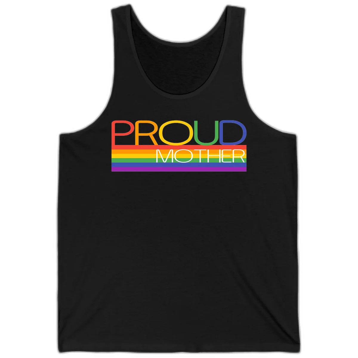 Colorful 'Proud Mother' text in red, orange, yellow, green, blue, and purple letters over horizontal rainbow pride flag stripes on gray background in Black