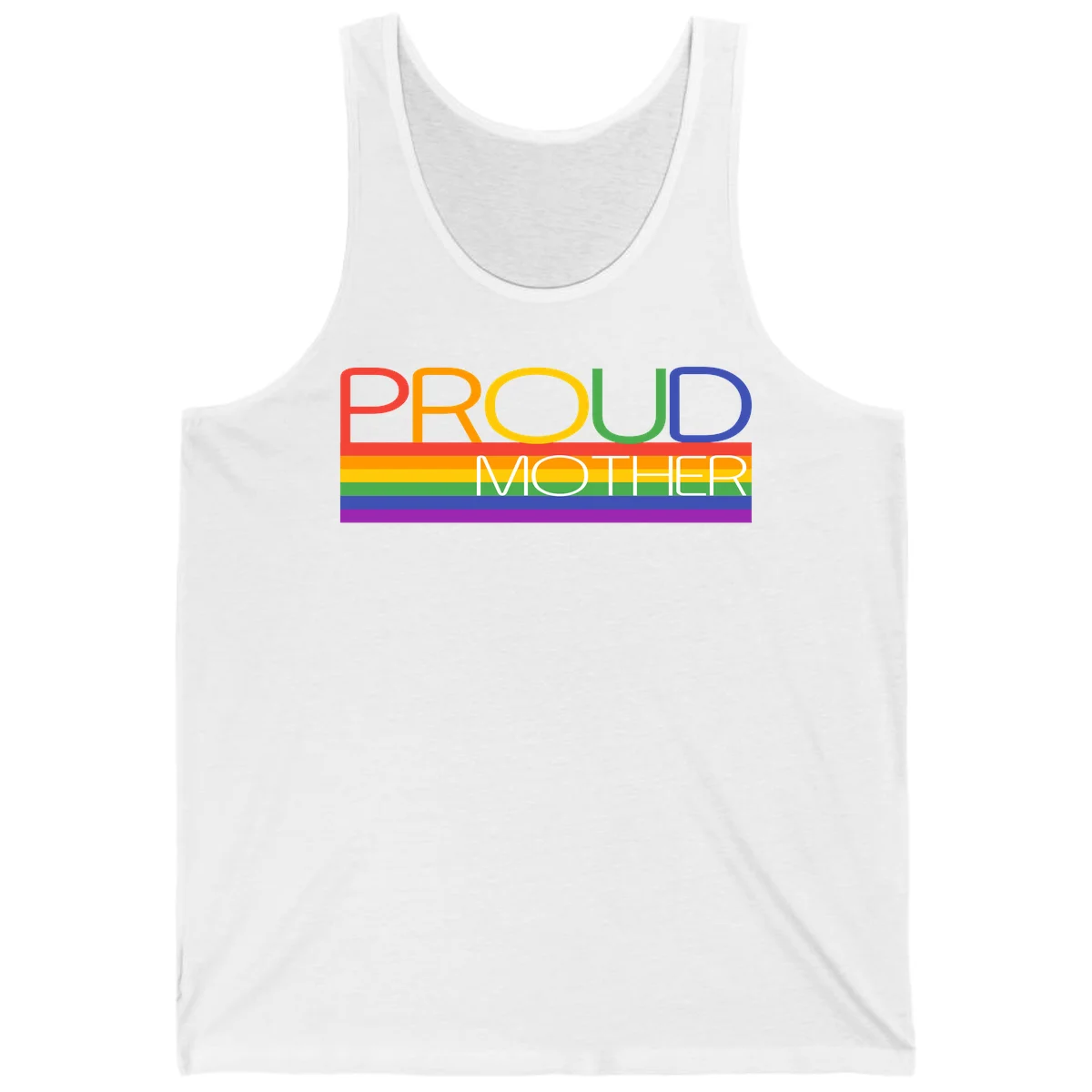 Colorful 'Proud Mother' text in red, orange, yellow, green, blue, and purple letters over horizontal rainbow pride flag stripes on gray background in White