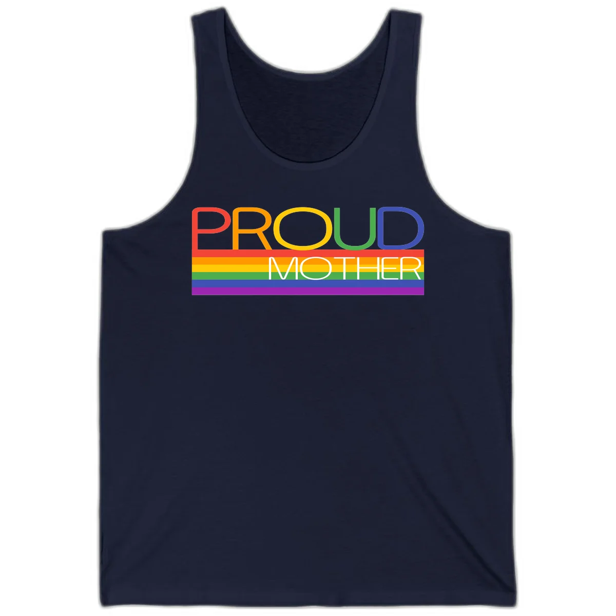Colorful 'Proud Mother' text in red, orange, yellow, green, blue, and purple letters over horizontal rainbow pride flag stripes on gray background in Navy